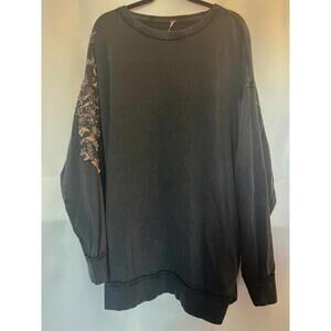 Free People Faded Black Denim Style Shirt with Floral Jeweled Sleeve